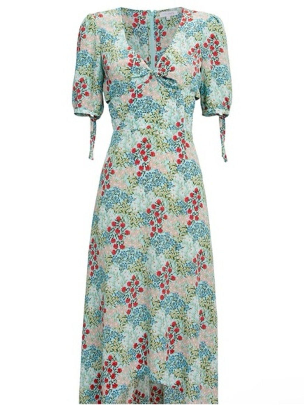 Intermix Floral Midi Dress with Tie Sleeves - Blue/Green